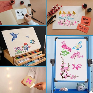 Creative DIY PET stencils featuring floral, bird, and butterfly patterns for painting
