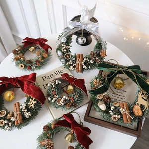 Christmas Wreath Pine Needles Velvet Bow Metal Bell Cinnamon Sticks Pine Cones Dried Fruit Festive Home Wall Decor Vintage