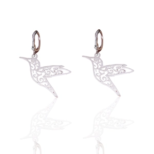 Polished stainless steel hummingbird drop earrings with intricate cutout design details