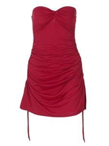 Sexy red strapless mini dress with twisted bust and side drawstring ruched details