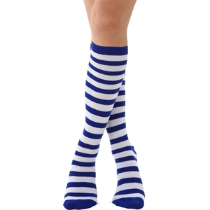 Close-up of blue and white striped knee-high socks with fine knit texture on model