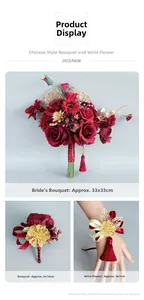 Detail view of Chinese wedding set with red roses, gold leaves, and pearl tassel accents