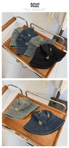Gros plan détaillé sur la texture denim vieillie et les bords effilochés du chapeau