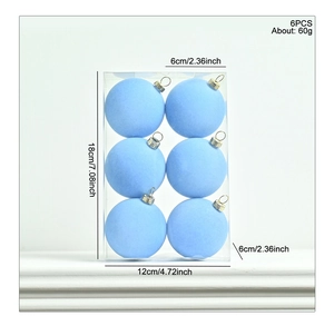Detail showing dimensions and weight of 6pcs matte blue flocked Christmas tree ornaments