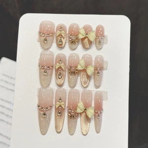 Handmade Press On Nails Nude Pink Cat Eye 3D Bow Rhinestone Artificial Pearl Long Almond Luxury Sweet Women