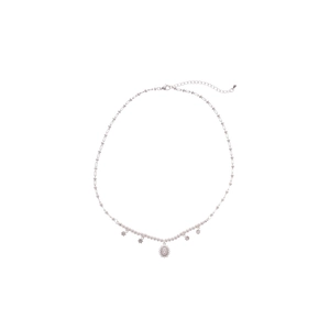 Silver zircon pearl floral necklace featuring an oval pendant and dainty star charms