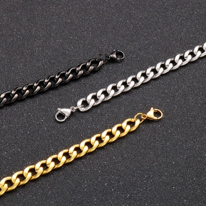 Polished stainless steel Cuban link chains in gold, silver and black finishes