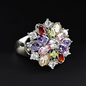 Colorful zircon flower ring with multi-color marquise stones on polished silver band