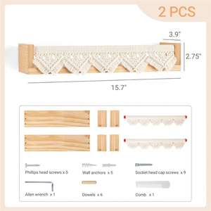 Detail view of 2 PCS wood wall shelves with macrame fringe including dimensions and hardware