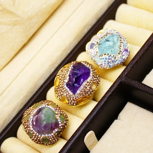 Vintage Natural Amethyst Raw Stone Open Ring For Women Alloy Gold Plated Rhinestone Aquamarine Citrine Fluorite Adjustable Ring