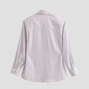 Back view of light purple striped long sleeve shirt with shoulder pads and button detail