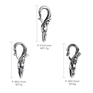 Three sizes of stainless steel skull pendants with detailed dimensions and weights