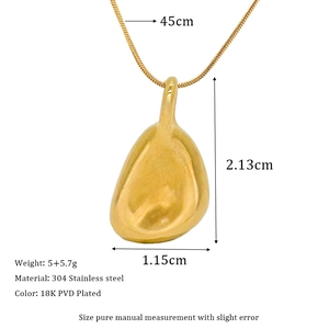 Macro detail of 18K gold plated stainless steel pendant showing dimensions and weight