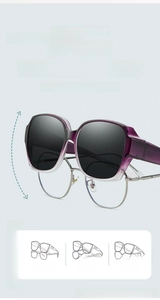 Polarized fit-over sunglasses with purple frames showing compatibility with various glasses
