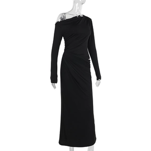 Detail of waist cut-out and gathered rushing on this black one-shoulder dress
