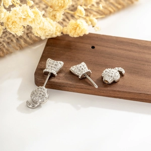 Cat devil ear cartilage piercing jewelry set with micro-pave zircons and silver metal studs