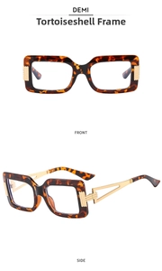 Detail of square demi tortoiseshell frames with hollow gold metal temples in front and side view