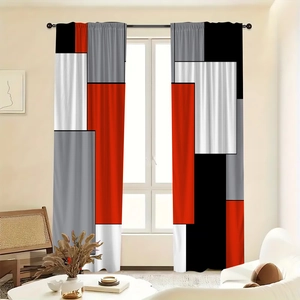 Detail view of polyester velvet curtains with modern red and black geometric block patterns