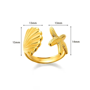 Adjustable 18K gold stainless steel ring with 13mm starfish and seashell charms