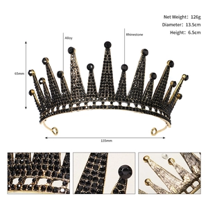 Detail view of gold alloy crown with black rhinestones showing dimensions and specifications