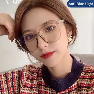 Women's vintage oversized anti-blue light glasses with translucent grey square frame