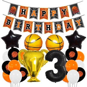 Détails du kit d'anniversaire basket 3 ans avec ballons trophée et étoiles en alu