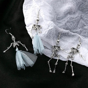 Skeleton Skull Dangle Earrings With Blue Mesh Skirt Alloy Stainless Steel Earring Post Halloween Gothic Punk Jewelry For Women