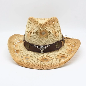 Breathable hollow-out straw cowboy hat with brown leather band and silver bull head