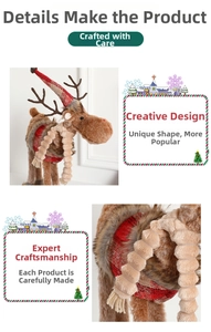 Detail of plush Christmas reindeer with red plaid hat and cozy knit beige scarf