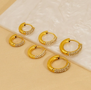 Three sizes of 18K gold plated titanium steel hoop earrings with micro-paved cubic zirconia