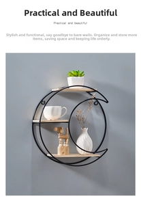 Detail of moon-shaped wall shelf featuring black metal frame and three wooden shelves