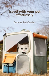 Detail of canvas pet backpack with large transparent window and breathable mesh side
