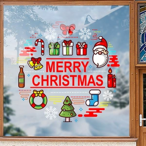Merry Christmas window decals with Santa, trees and snowflakes on glass window scene