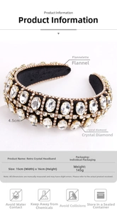 Detailed view of Baroque crystal sponge headband with velvet base and measurements