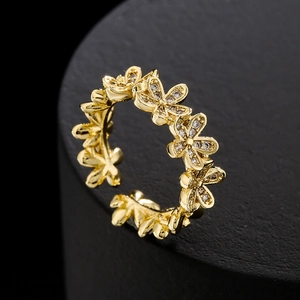 18K gold plated copper leaf geometric open ring with shimmering zircon floral clusters