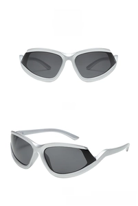 Macro view of silver white sports sunglasses with gray lenses in Y2K futuristic style