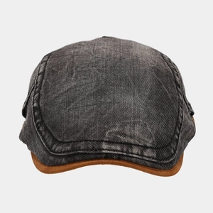 Vintage denim newsboy cap in dark grey with brown brim accent for men and women