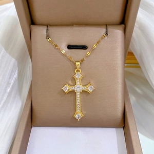 Cross Pendant Necklace With Zircon Stainless Steel Chain Luxury Jewelry For Women Gold Color Elegant Clavicle Chain