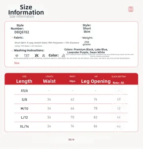 Detailed size chart for yoga sports set including fabric details and washing guide