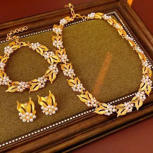 Vintage Women Alloy Gold Leaf Floral Necklace Bracelet Earrings With Silver Earring Post Zircon Artificial Pearl
