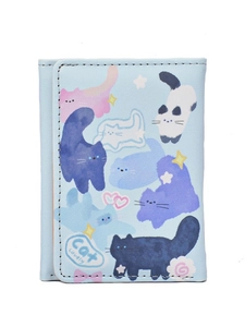 Compact light blue tri-fold wallet with cute cat illustrations and Cat Lovely text