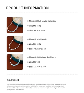 Detailed technical specifications for shell bead and aquamarine necklaces and bracelet