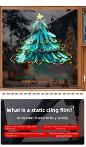 Detailed view of Merry Christmas tree window clings showing static adsorption on glass surfaces