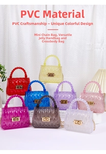 Detail showing various colors of mini PVC jelly bags with gold chain straps and twist locks