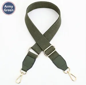 Detail of adjustable military green canvas strap with golden hardware and leather ends