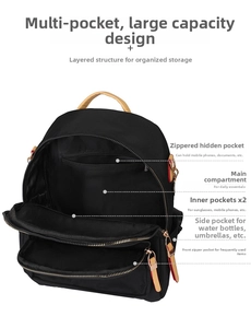 Detailed view of the black nylon backpack's spacious multi-pocket interior storage