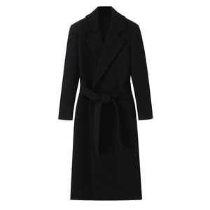 Women Elegant Notched Lapel Long Woolen Coat With Belt Slim Fit Black Winter Overcoat Streetwear Fashion Trench Jacket