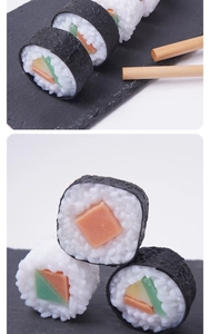 Macro shot of realistic PVC sushi eraser with detailed rice texture and seaweed wrap