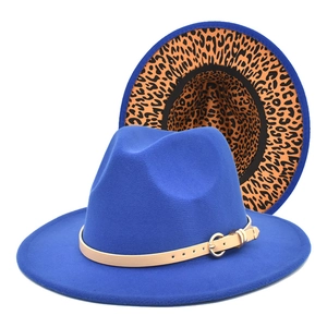 Royal blue fedora hat with leopard print brim and leather buckle band for autumn fashion
