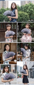 Detail of a grey folding fan with plum blossom pattern shown in various lifestyle settings